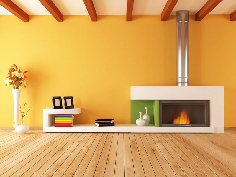 Bright empty modern interior with minimalist fireplace - rendering